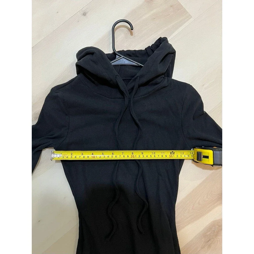 Commense NWT Women Black Drop Shoulder Drawstring Hooded Dress Loungewear Chic - Picture 10 of 12